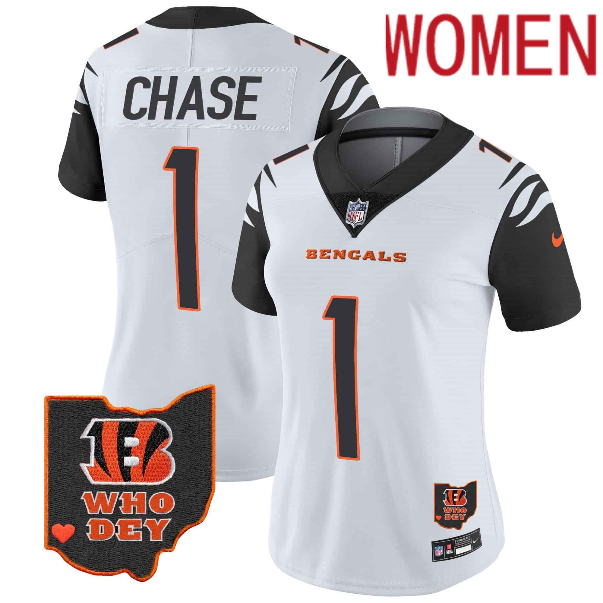 Women Cincinnati Bengals #1 Chase White 2024 Nike Patch Vapor Limited NFL Jersey style 2->women nfl jersey->Women Jersey